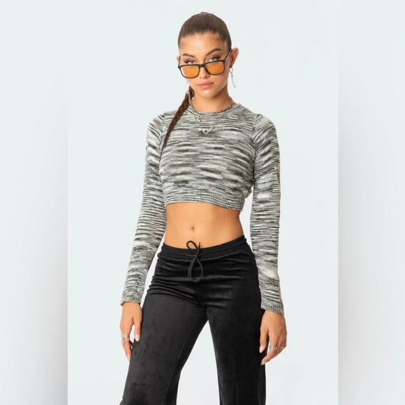 NWOT Edikted Medina Knit Open Back Cropped Sweater in Grey/White Size L - Picture 5 of 16